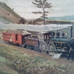 Grand Trunk Railway train with an ad for the Globe (before it joined The Mail & Empire) so – pre-1936. The train has just rounded Dundas station (the little white house on the left In the horizon left of the tree is downtown Hamilton – where Stelco is now.)