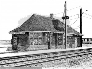 Pen & ink rendition of the Burlington Junction Station by the late John Geerts.