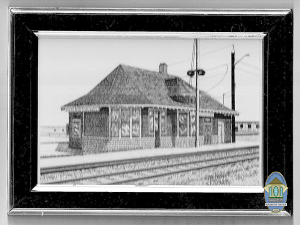 John Geerts pen & ink drawing of Burlington Junction Station framed